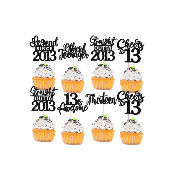 13th Birthday Cupcake Toppers, Black Glitter, 12 PCS, Cheers to 13, Straight Outta 2013, Official Teenager Theme Party Decorations