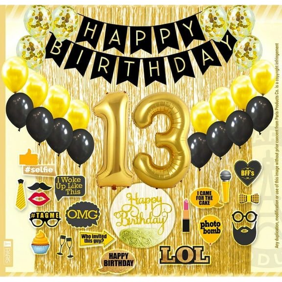 13th Birthday Decoration Black and Gold for Boy & Girl, 13th Cake Topper, 13th Party Supplies for Her and Him, 13th Birthday Photo Props