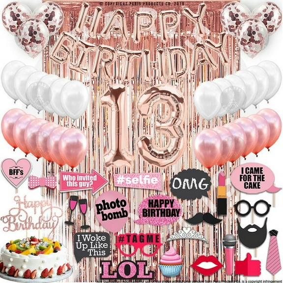 13th Birthday Decoration Rose Gold, 13 Party Supplies Decoration, 13th Sash, 13 Cake Topper, 13th Photo Props, confetti Balloons, Curtain