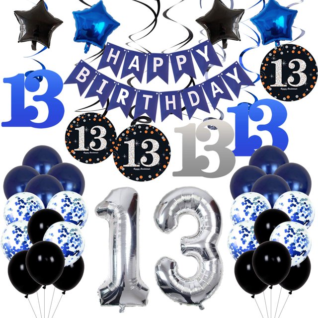 13th Birthday Decorations for Boys Dark Blue, HAPPY BIRTHDAY Banner and Silver Number 13