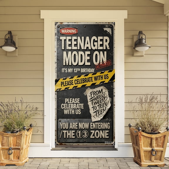 13th Birthday Decorations Boys Girls, Black Happy 13th Birthday Banner Backdrop Hanging Swirls, Caution Logo Themed Teenager 13 Years Old Party Yard Door Wall Cover Background