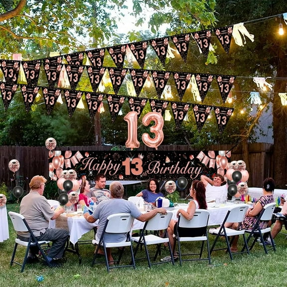 13th Birthday Decorations, 13th Birthday Decorations for Girls, Black Rose Gold 13th Happy Birthday Banner with Balloons, 13 Years Old Birthday Backdrop Yard Signs Thirteen Birthday Decor Supplies