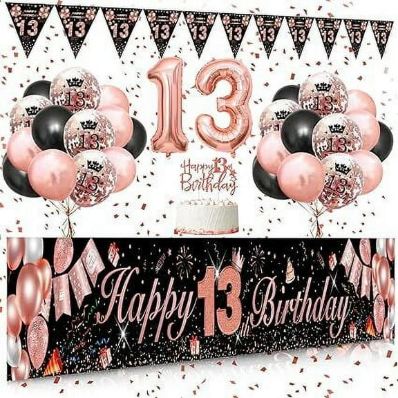 13th Birthday Decorations Girls, 13th Birthday Decoration Kit with Rose Gold Happy 13th Birthday Banner, Black Rose Gold Balloons Confetti Balloons, Number 13 Balloon Triangle Flag Banner