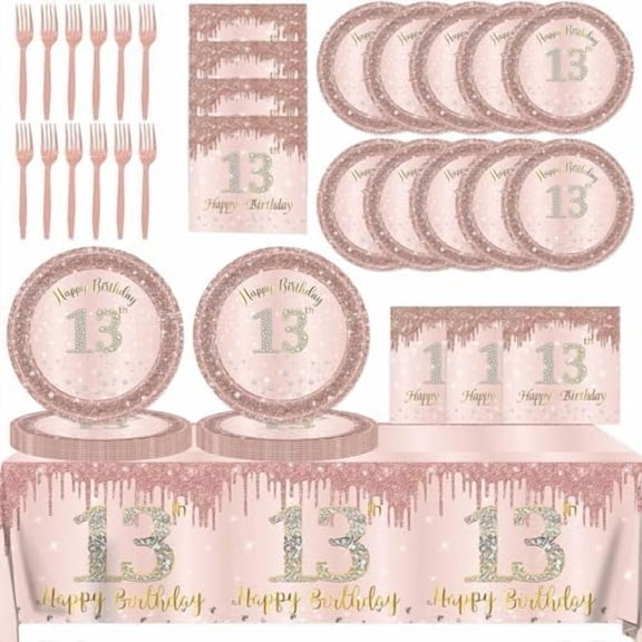 13th Birthday Decorations for Girls,61Pcs Rose Gold 13th Birthday Tableware Include Happy 13th Birthday Plates and Napkins,Tablecloth,Forks for 13 Year Old Birthday Decorations,Serve 20$$Home Decor
