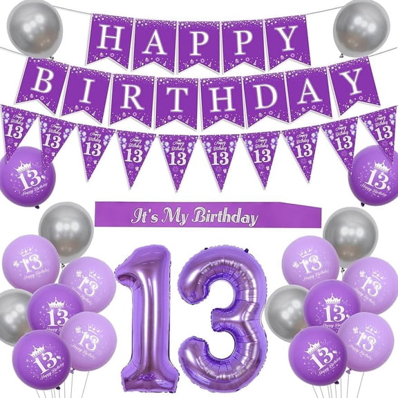 13th Birthday Decorations for Girls, Happy Birthday Triangle Garland & Banner, Purple and Sliver Balloons, Number 13 foil Balloons, It's My Birthday Sash, 13th Birthday Party Decor