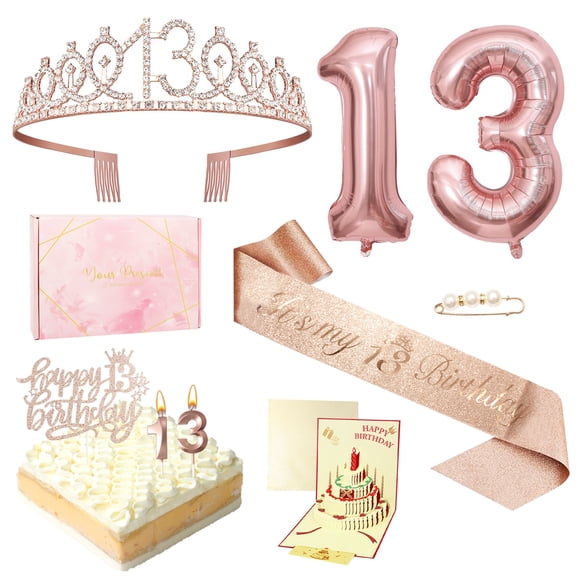 13th Birthday Decorations for Girls, Including 13 Number Balloons, Rhinestone Tiara, Sash with Pearl Pin, Cake Topper and Candles, 3D Pop Up Greeting Card, Party Supplies for Gifts