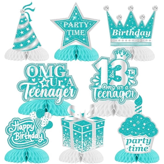13th Birthday Decorations Table Centerpieces, 8 Pieces Teal Silver Happy 13 Year Old Birthday Honeycomb Centerpieces, Breakfast Blue Thirteen Birthday Table Sign Toppers for Girls