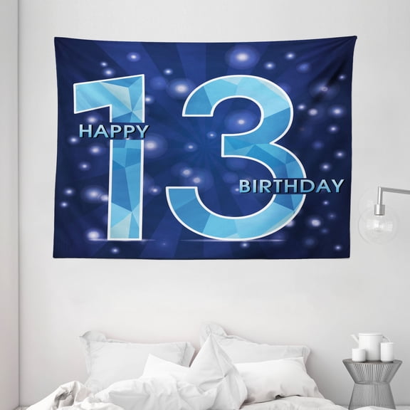 13th Birthday Decorations Tapestry, Thirteen Polygon Emblem on Dark Blue Backdrop and Stars, Wall Hanging for Bedroom Living Room Dorm Decor, 80W X 60L Inches, Dark Blue Light Blue, by Ambesonne