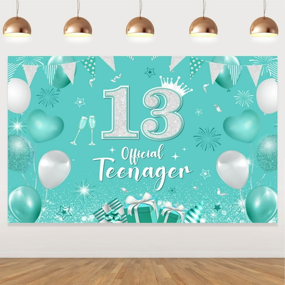 13th Birthday Decorations, Teal Birthday Banner Turquoise and Silver Green Birthday Party Decorations Teal Blue Birthday Backdrop for Girls Boys 13th Birthday Party Supplies
