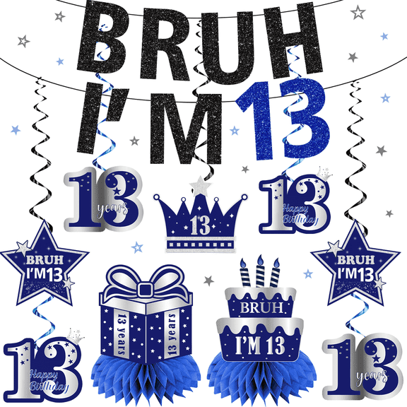 Morabloomy 13th Birthday Party Banner, Black and Blue, Honeycomb Centerpieces, 1 Count