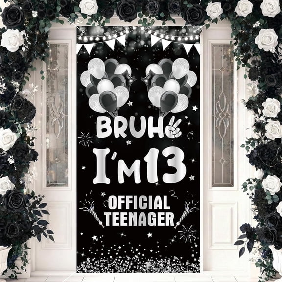 13th Birthday Door Cover Banner Decorations for Boys Teenager Black White Silver Bruh I''m 13 Birthday Backdrop 13 Year Old Bday Background for 13th Bday Party Decorations Supplies Photo Props Decor