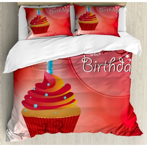 13th Birthday Duvet Cover Set, Delicious Cupcake with Blue Candle Age 13 Happy Ceremony Theme, Decorative 3 Piece Bedding Set with 2 Pillow Shams, Calking Size, Orange Blue Red, by Ambesonne