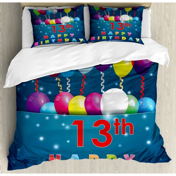 13th Birthday Duvet Cover Set Queen Size, Joyful Surprise Event Teen Celebration Party with Balloons Ribbons Stars, Decorative 3 Piece Bedding Set with 2 Pillow Shams, Multicolor, by Ambesonne
