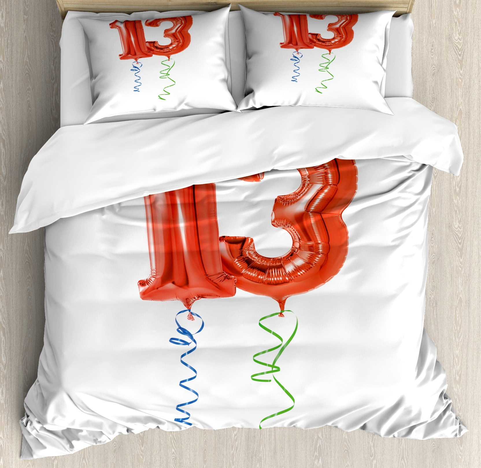 13th Birthday Duvet Cover Set, Red Ballons with Swirled Curly Ribbons