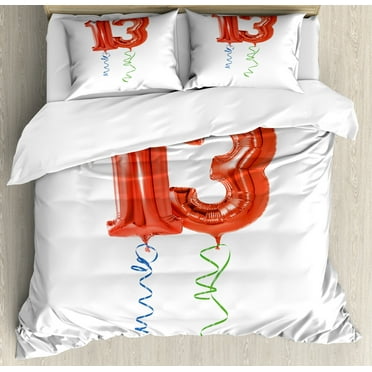 13th Birthday Duvet Cover Set, Red Ballons with Swirled Curly Ribbons Number 13 Celebration Event, Decorative 3 Piece Bedding Set with 2 Pillow Shams, King Size, Red Green Blue, by Ambesonne