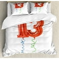 thumbnail image 1 of 13th Birthday Duvet Cover Set, Red Ballons with Swirled Curly Ribbons Number 13 Celebration Event, Decorative 3 Piece Bedding Set with 2 Pillow Shams, King Size, Red Green Blue, by Ambesonne, 1 of 3