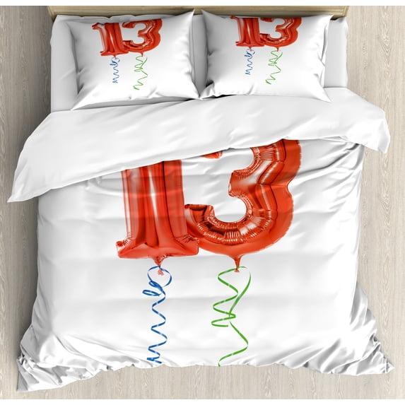 13th Birthday Duvet Cover Set, Red Ballons with Swirled Curly Ribbons Number 13 Celebration Event, Decorative 3 Piece Bedding Set with 2 Pillow Shams, King Size, Red Green Blue, by Ambesonne