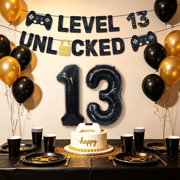 13th Birthday Game Theme Decorations Set - LEVEL13UNLOCKED Banner & Number Balloons for Teen Gaming Parties