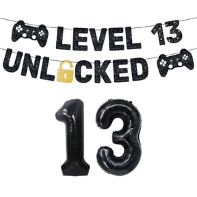 13th Birthday Game Theme Decorations Set - LEVEL13UNLOCKED Banner & Number Balloons for Teen Gaming Parties