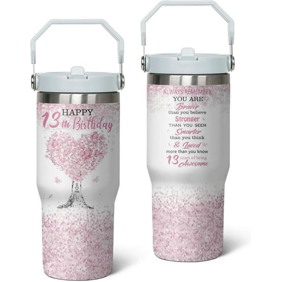 13th Birthday Gifts Cup, 30 Oz Stainless Steel Tumbler with Handle & Straw, 13 Year Old Birthday Gifts for Girls Coffee Mug, 13th Birthday Decorations for Girls, Happy 13th Birthday Gifts for Girls