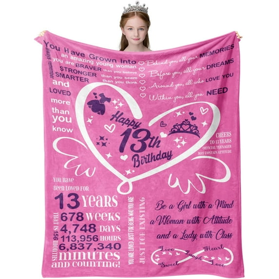 13th Birthday Gifts for Girls, 13th birthday decorations for girls, 13 Year Old Girl Gifts Ideas for Daughter Granddaughter Sister, Happy Birthday Gifts for Thirteen Teenager Girl Blankets 60"X 50"
