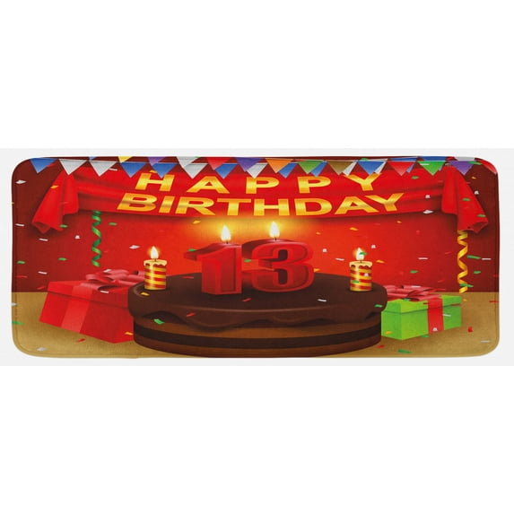 13th Birthday Kitchen Mat, Creamy Chocolate Cake with Candlesticks Presents and Ribbons Theme, Plush Decorative Kitchen Mat with Non Slip Backing, 47" X 19", Multicolor, by Ambesonne