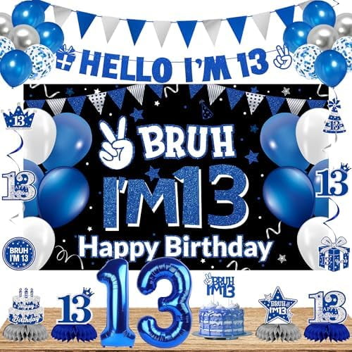 13th Birthday Party Decorations for Boys Girls, Blue Official Teenager Hello Im 13 Banner, 13 Number Balloons & Cake Topper, 13 Years Old Birthday Honeycomb Hanging Swirl Confetti Balloons