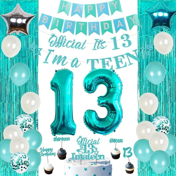 13th Birthday Party Decorations for Girls Teal - Happy 13th Birthday Decorations Include Banner Garland Cake Cupcake Topper Turquoise Fringe Curtain Number 13 Foil Balloon