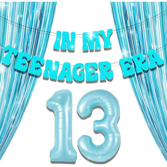 13th Birthday Party Decorations - Light Blue, Green and White Youthful Theme Shiny Foil Balloons, Streamers and Banners Set