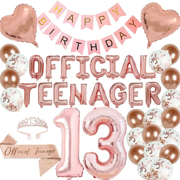 13th Birthday Party Decorations OFFICIAL TEENAGER Party Balloons 13th Birthday Tiara Official Teenager Sash Happy Birthday Banner for 13 Year Old Girls Birthday Party Favor Supplies (rose gold) Y114
