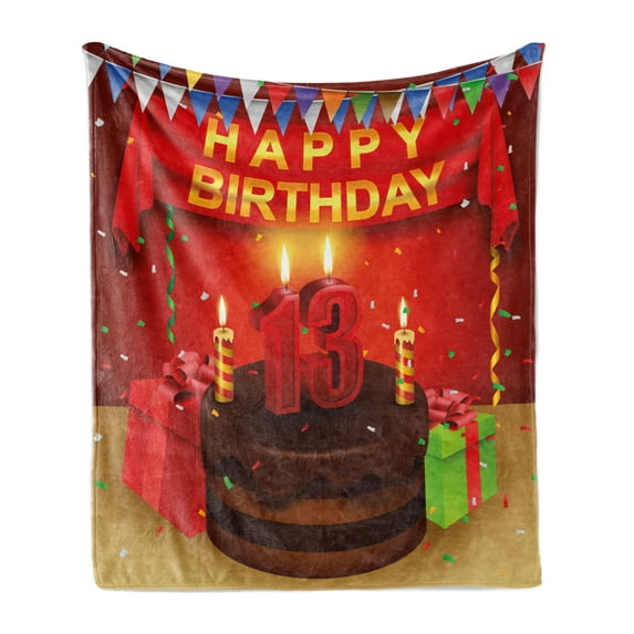 13th Birthday Soft Flannel Fleece Throw Blanket, Creamy Chocolate Cake with Candlesticks Presents and Ribbons Theme, Cozy Plush for Indoor and Outdoor Use, 50" x 60", Multicolor, by Ambesonne