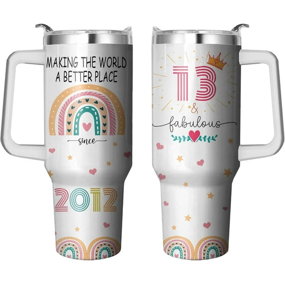 13th Birthday Stainless Steel Tumbler with Handle & Straw, Birthday Gifts Cup 40 Oz, 13 Year Old Birthday Gifts for Girls, 13th Birthday Decorations for Girls, Happy 13th Birthday Gifts for Girls