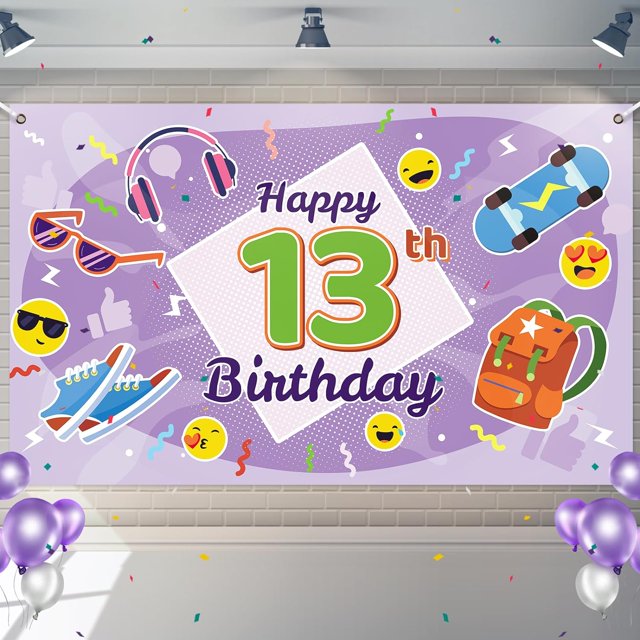 13th Happy Birthday Backdrop Banner Purple Happy Birthday Decorations Banner Party Decorations 8703