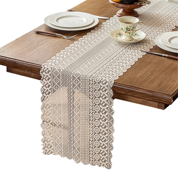 13x 70inch Beige polyester Crochet Rectangular Table Runner Handmade Table Decoration, Coffee Table Dresser DecorOnly tablecloth