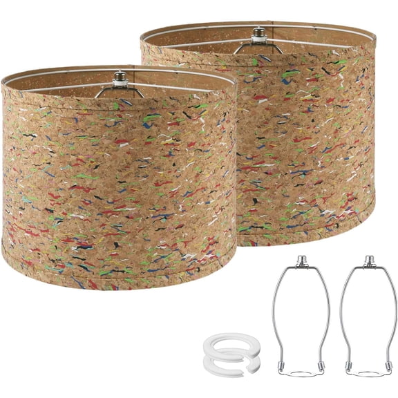 13x10 Inch Drum Lamp Shades set of 2, Multi-color Cork Texture Lamp Shades Replacement with Harp & Finial, Medium Lampshades for Table Lamps Floor Lamps, Boho Farmhouse Rustic Modern Home Decor