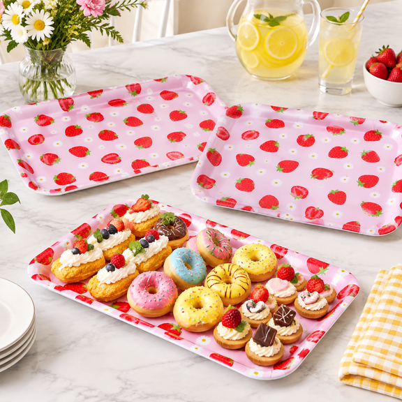 13x10 Inch Pink Plastic Strawberry Serving Platters, Set of 3
