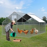 13x10 ft Walk-in Chicken Run, Metal Poultry Pen with Waterproof Sunshade, Large Outdoor Pet Habitat for Chickens, Ducks and Rabbits, Silver
