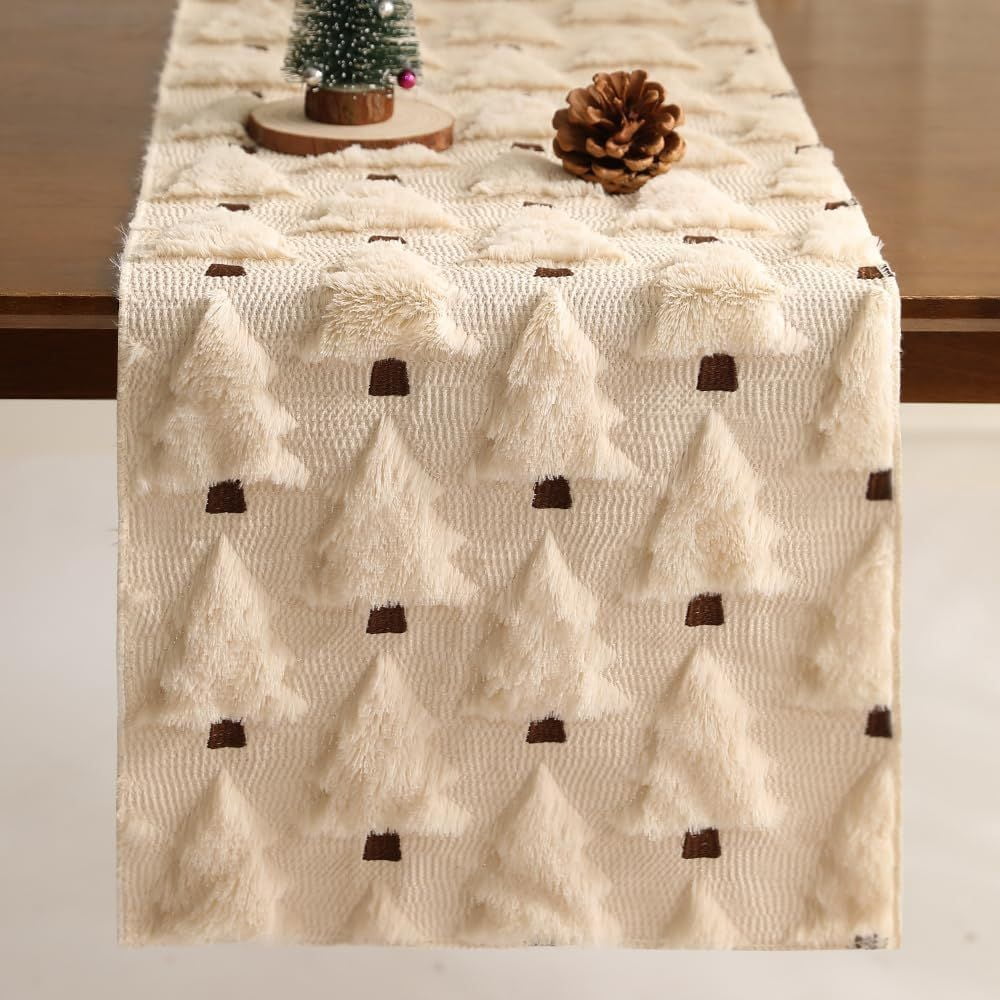 13x108 Inch Soft Plush Faux Fur Jacquard Beige Christmas Tree Table Runner, Seasonal Autumn Kitchen Dining Table Decoration for Home Party Decor