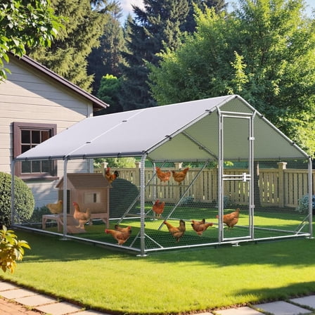 13x10FT Large Chicken Coop with Waterproof Cover, Metal Walk-in Poultry Cage with Feeding Door, Outdoor Chicken Run with Roosting Perch for Backyard Farm, Gray