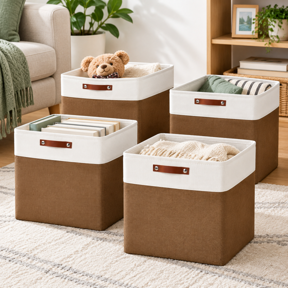 13x13 Cube Storb Collapsible Fabric Box 4 Pack Closet Baskets With Handles For Organizing Shelfs Clothes Home Office (brown&white)