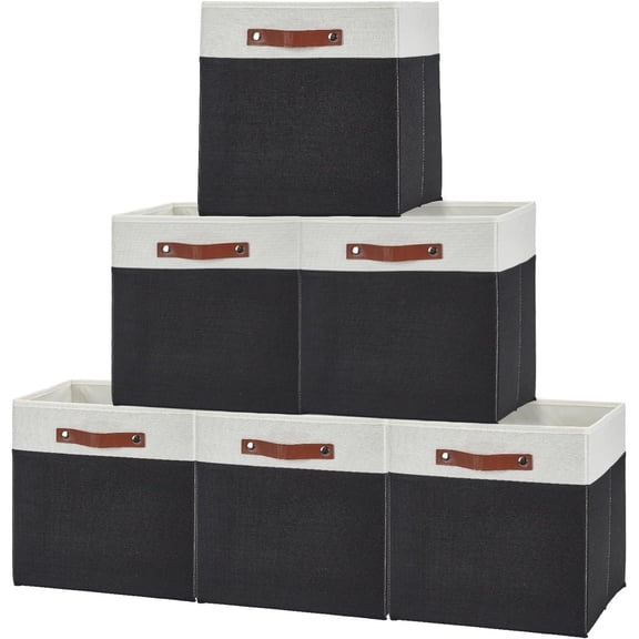 13x13 Foldable Storage Cube Bins Set of 6, Linen Fabric Organizer with Leather Handles, Collapsible Closet Storage for Shelves, Beige/White Black Trim