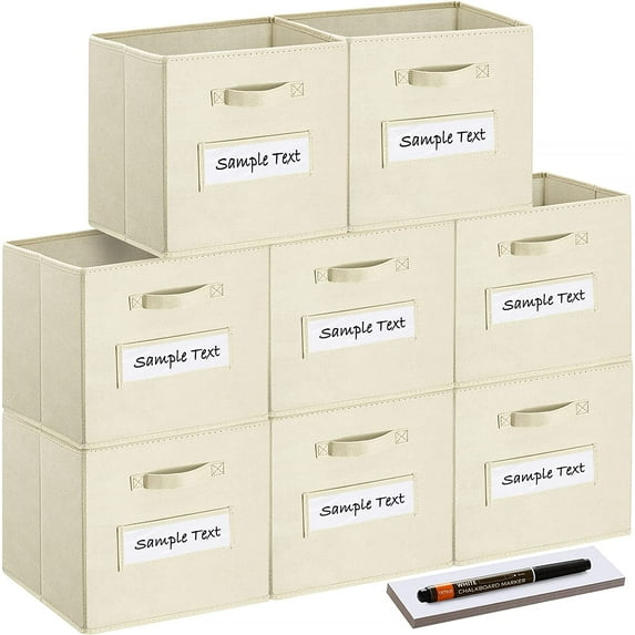 13x13 Inch Cube Storage Bins(Set of 8)-Basket Bins with 8 Labels Window Cards & a Pen - Collapsible Storage Organizer Boxes Cube For Nursery Home & Office-Beige