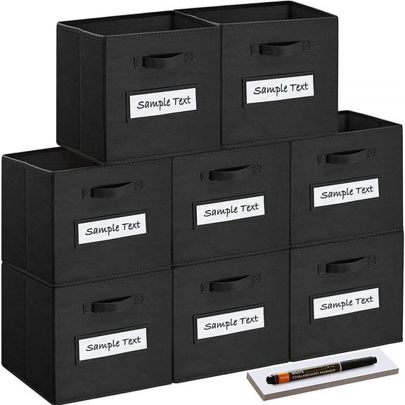 13x13 Inch Cube Storage Bins(Set of 8)-Basket Bins with 8 Labels Window Cards & a Pen - Collapsible Storage Organizer Boxes Cube For Nursery Home & Office-Black