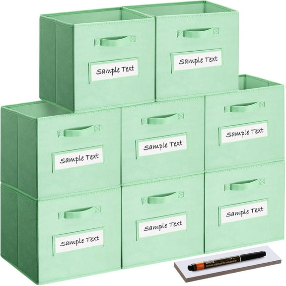 13x13 Inch Cube Storage Bins(Set of 8)-Basket Bins with 8 Labels Window Cards & a Pen - Collapsible Storage Organizer Boxes Cube For Nursery Home & Office-Grass Green