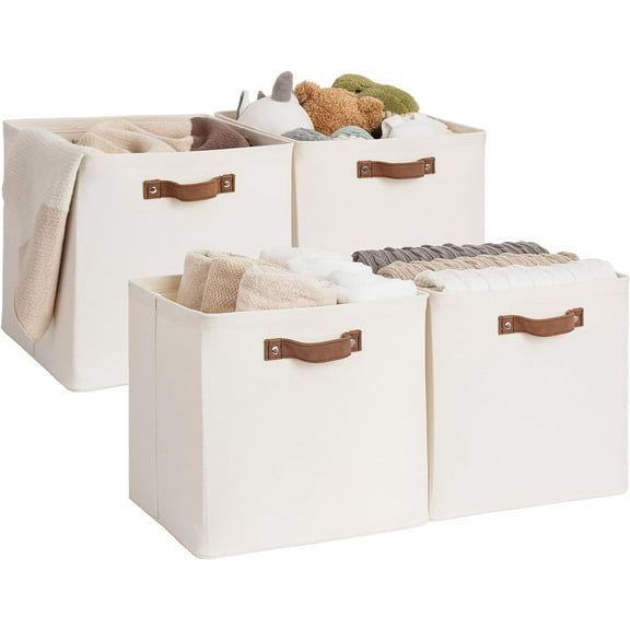 13x13 Inches Storage Cube, Fabric Storage Bins with PU Handles, Collapsible Organizer Baskets for Closet, Beige, 4-Pack