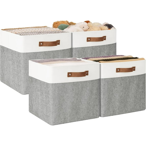 13x13 Inches Storage Cube, Fabric Storage Bins with PU Handles, Collapsible Organizer Baskets for Closet, Gray and White, 4-Pack
