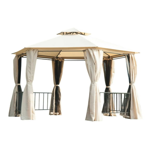 13x13 Party Tent, Hexagon Gazebo with Netting & Curtains, Beige - Outdoor Canopy for Weddings & Events, Waterproof Steel Frame