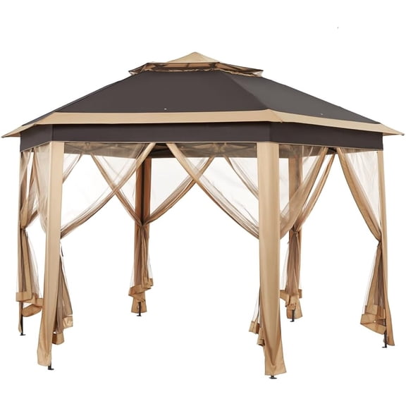 13x13 Pop up Gazebo, Hexagonal Outdoor Canopy Shelter, Instant Patio Gazebo Sun Shade Canopy Tent with Double Tiers & Mesh Netting for Lawn, Garden, Backyard & Deck, Khaki/Brown