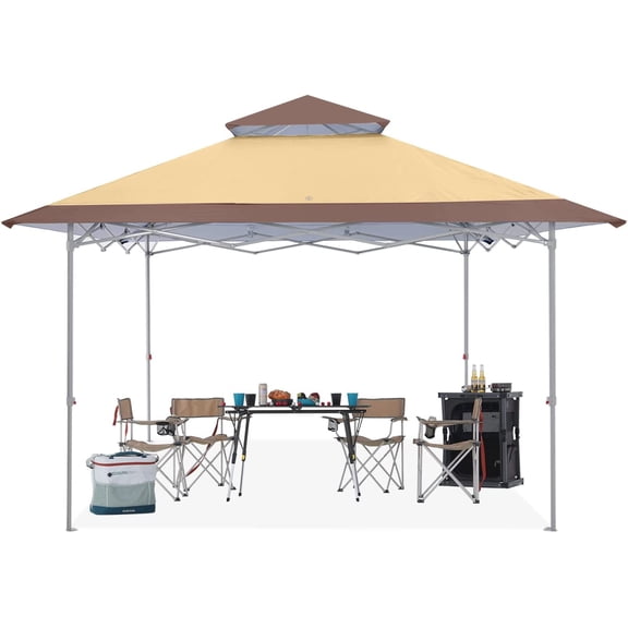 13x13 Pop Up Canopy Base on 10x10 Canopy Frame with Double Ventilated Top, 4 Sandbags, 4 Ropes and 8 Stakes (Beige)