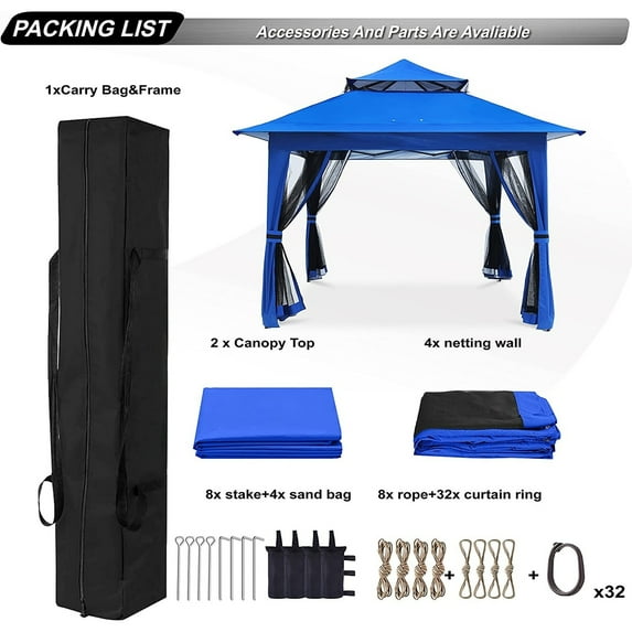 13x13 Pop Up Gazebo - With Mosquito Netting Blue